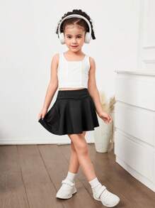 Young Girl Solid Color Fitted Casual Leggings - Black - View 4