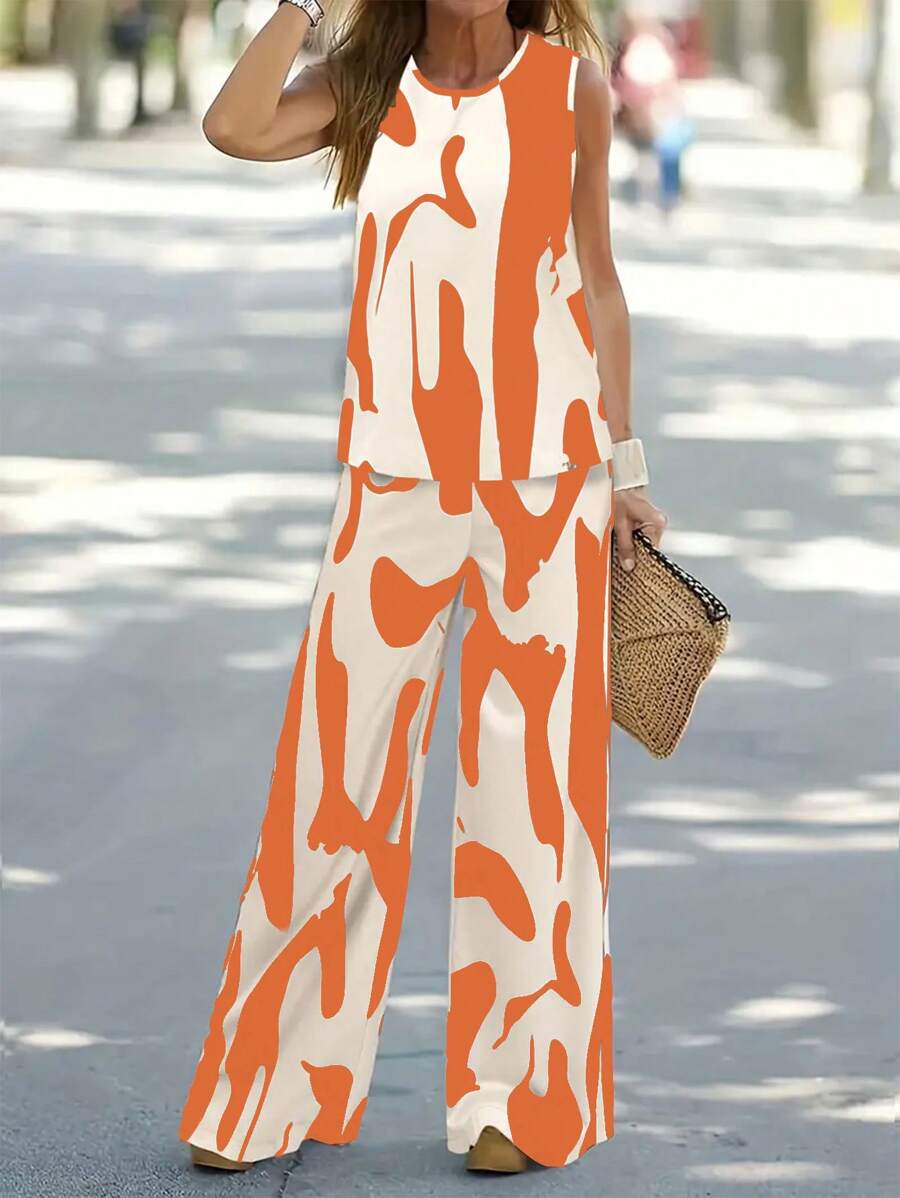 EMERY ROSE 2pcs/Set Women Sleeveless Round Neck Tank Top And Pants, Minimalist Fashion Suitable For Summer