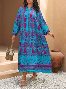 RueChic Floral All Over Print Vacation Style V-Neck Plus Dress - Blue - View 3