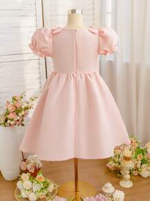 SHEIN Glamorique Kids 青春期前/青春期女孩缎面双褶饰蝴蝶结肩部礼服，粉色 - 粉色 - 查看 2