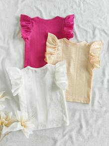 3 Packs Baby Girl Cute Versatile Eyelet Embroidered Ruffle Tops For Summer - Multicolor - View 2