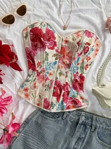Soleia Parte superior tipo corsé de estilo retro palaciego con estampado floral jacquard de colores, con botones y lazo en la espalda, para mujer, ideal para bodas, vacaciones, salidas, festivales, cruceros, cumpleaños, etc.