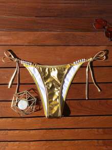 SHEIN Swim SXY 性感金带和珍珠链比基尼泳裤 - 金色 - 查看 5