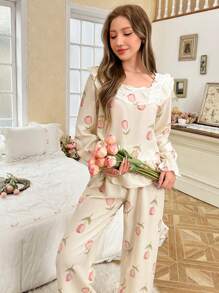 CottageSlumber Romantic Ruffle Trim Tulip Pattern Women's Pajama Set