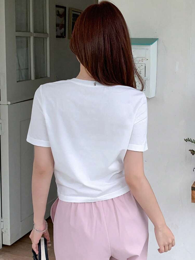 Button Detail Asymmetrical Hem Tee,Crop Tops Women