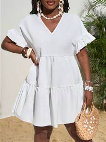 Slaydiva 2025夏季新款白色V领A字荷叶边迷你连衣裙，休闲度假风，适合海滩、度假约会、日常街头派对-A - 白色 - 查看 7