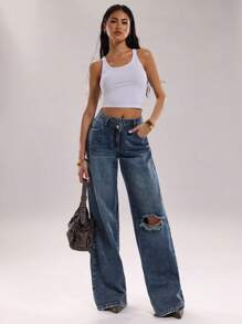 SHEIN BAE Jeans larghi con strappi e tasche, casual e versatili, per l'estate da donna. Jeans da donna per abbigliamento western, vacanze estive, jeans ampi da donna, adatti per concerti.