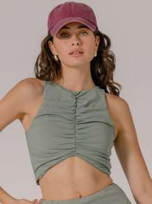 Aralina Women's Casual Solid Color Ruched Crop Tank Top & Ruffled Hem Skirt 2 Pieces Set - Olive Green - View 6