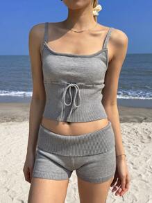 SHEIN EZwear 2 件套女士深灰色系带吊带背心针织上衣和针织短裤 - 灰色 - 查看 6