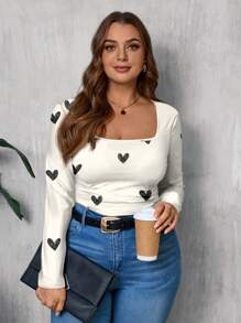 EMERY ROSE Camiseta casual minimalista com estampa de coração e gola quadrada, tamanho grande, adequada para primavera e outono - Multicolorido - Ver 5