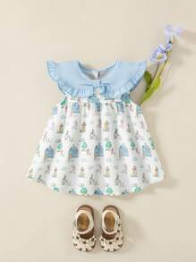 SHEIN Girls' Summer New Arrival Print Bow Solid Color Collar Back Opening Loose Casual Cute Blouse