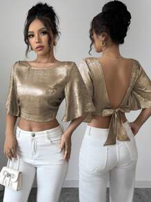 Selianne 女士春夏休闲度假缎面挂脖荷叶边袖衬衫 - 金色 - 查看 1