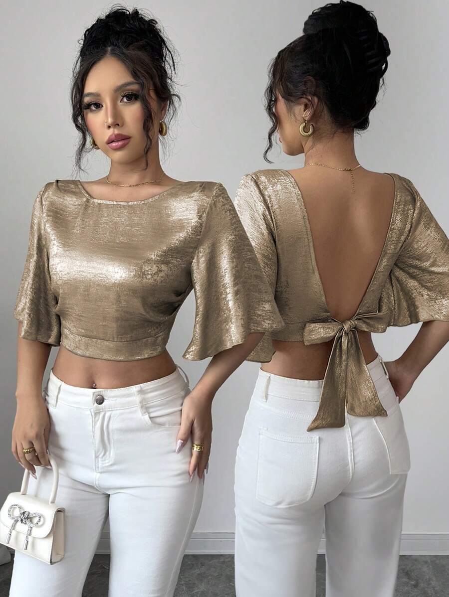 Selianne 女士春夏休闲度假缎面挂脖荷叶边袖衬衫 - 金色 - 查看 1