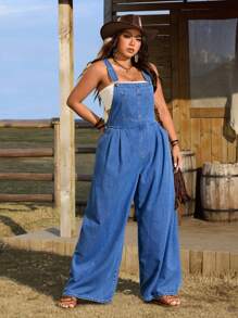 Breezaya Plus Size Women Wide Leg Loose Casual Bib Overall Denim Jumpsuit With Pockets - Medium Wash - View 5