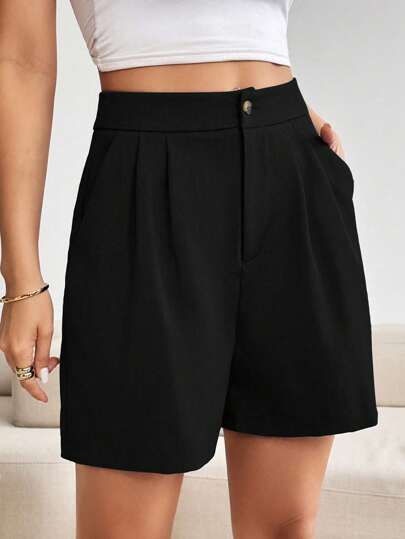 Almamuse Women's Solid Color Pleated Pocket Loose Casual Shorts