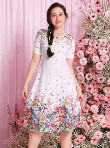 SHEIN 少女針織花邊領燒花v領休閒裙 - 白色 - 查看 4