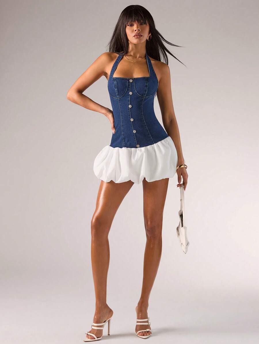 SHEIN BAE Vestido de mujer de mezclilla con diseño de botones, cuello halter y bajo con volantes, vestido de verano elegante de mujer, vestido de playa de mujer, traje de mujer