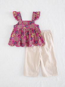 Cozy Pixies 2 件装女婴传统图案方领盖袖上衣和松紧腰喇叭裤套装 - 彩色 - 查看 2