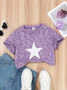 SHEIN Tween Girls Casual Star Applique Short Sleeve T-Shirt, Spring/Summer