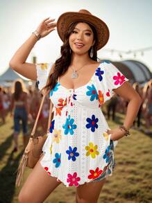 SHEIN VCAY 大码度假岛浪漫休闲白色针织提花彩色提花露肩收腰A字T恤女式嬉皮士复活节女式狂欢乡村音乐会纳什维尔伊比沙岛可爱衬衫女式花卉图案T恤