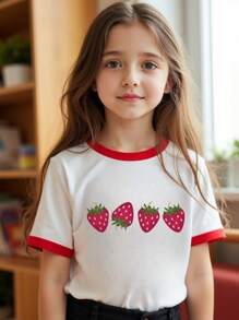Camiseta de manga corta de cuello redondo con estampado de fresa para niña