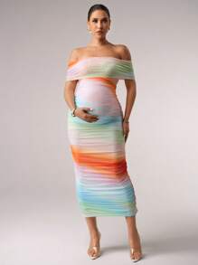 MaterniChic Váy lưới hở vai ombre thanh lịch cho bà bầu, trang phục mùa hè cho tiệc mừng em bé, váy màu pastel, váy bầu - Nhiều màu - Xem 7