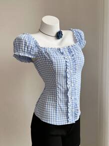 Elamini Women Gingham Puff Sleeve Button-Up Shirt With Wooden Trim - Blue - View 5