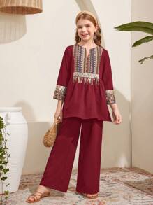 SHEIN Leap Crew Tween Girl Loose Modest Holiday Floral Spliced Collar Shirt And Relaxed Pants 2 Pieces Set - Burgundy - View 4