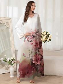 Al Najma Women's Elegant Floral Print Arabic Style Long Dress,Modest
