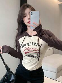 DAZY 字母图案拼色短款连帽 T 恤，秋季服装长袖女式上衣 - 彩色 - 查看 3