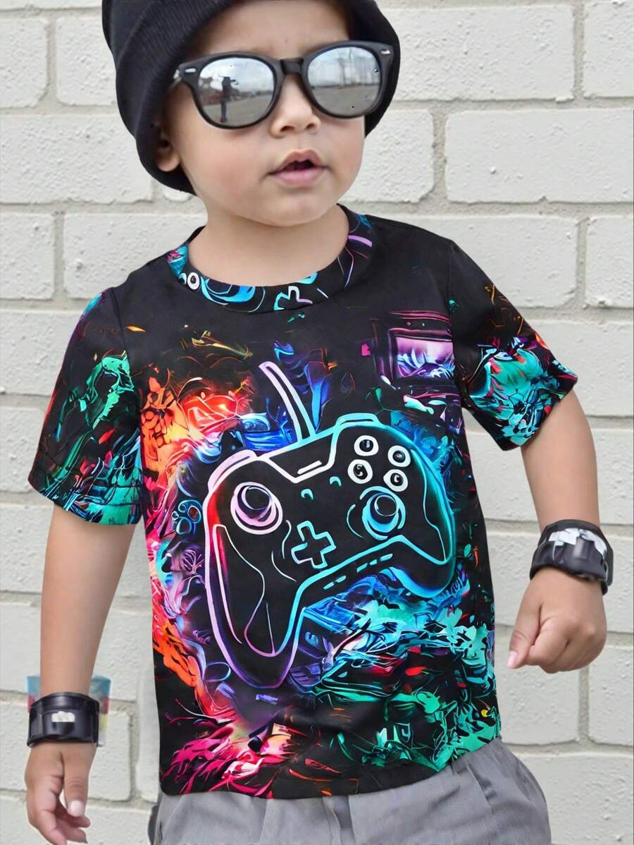 SHEIN T-shirt à col rond pour nouveau-nés/tout-petits garçons avec imprimé graphique numérique/tie-dye coloré, style casual et sportif, printemps/été - Multicolore - Voir 1