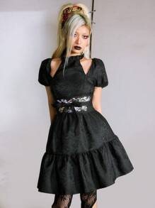 ROMWE J-Fashion 休闲短款泡泡袖连衣裙，时尚舒适，适合日常穿着，女士 - 黑色 - 查看 4