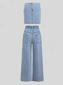 TEEN GIRL CASUAL MUSIC FESTIVAL SPRING SUMMER HOLIDAY MUST HAVE DENIM WRAP TOP AND FLOWY PLEATED WIDE LEG JEANS DENIM Two Pieces SET, Sleeveless Round Neck Top. Front Crossover Detail. Back Zip Closur. - Light Wash - View 2