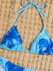 Swim Chiccia Springbreak 2025 女士夏季沙滩花卉印花露背系带性感比基尼两件套泳衣套装 - 藍色 - 查看 3