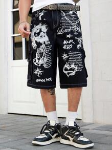 ROMWE MEN Street Life Men's Gothic Figure & Slogan Print Casual Cargo Capri Shorts, Halloween - Black - View 7