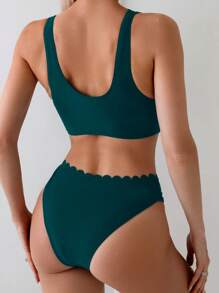 Women's Solid Color Arched Edge Sexy Bikini Swimwear Set, Summer Beach - Teal Blue - View 2