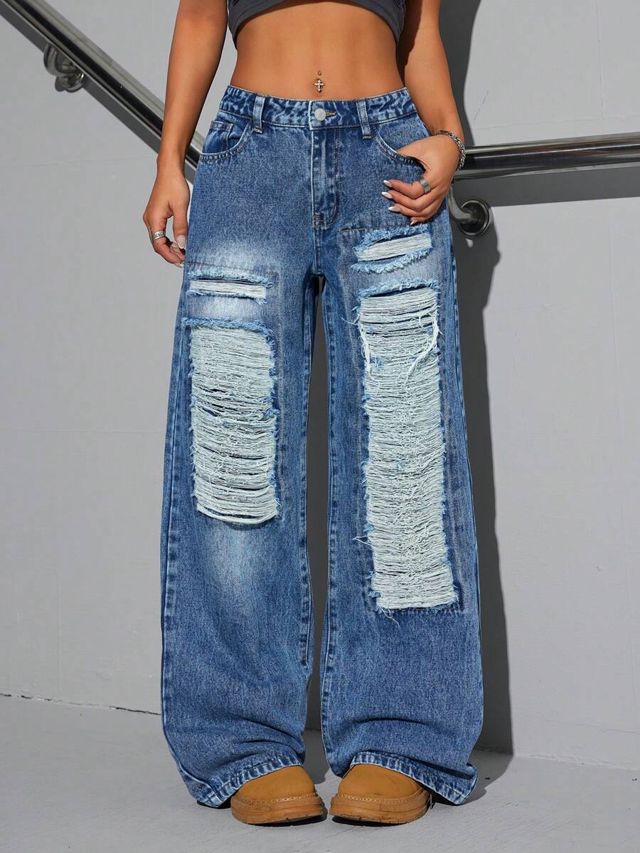 SHEIN ICON Jeans de pierna ancha de tiro bajo desgastados y lavados para mujer - Azul - Ver 1