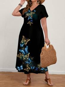 EMERY ROSE Đầm tay ngắn cổ chữ V họa tiết bướm xanh đơn giản thường ngày cỡ lớn dành cho nữ, phù hợp cho mùa hè - màu đen - Xem 6