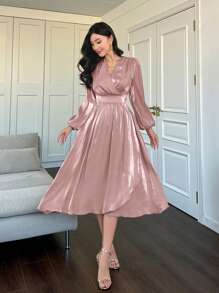 DAZY Women's Solid Color V-Neck Ruffle Hem Midi Dress Prom Dress Elegant,Formal Women Dresses,Fall Dress Long Sleeve Dress - Pink - View 5