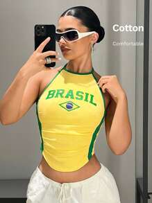 SHEIN ICON Top de tirantes con bloqueo de color y estampado de letras para mujer, ideal para el verano