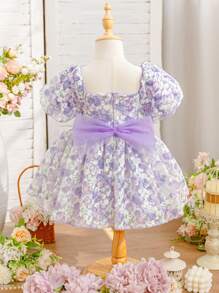 SHEIN Glamorique Kids Baby Girl Purple Flower Bowknot Puff Sleeve Mesh Princess Dress Girls Princess Dress Baby Girl Princess Dress For Baby Girls Occasion Baby Girl Dresses Toddler Dress For Wedding Baby Elegant Dress Baby Spring Dress Princesa Dress For Baby