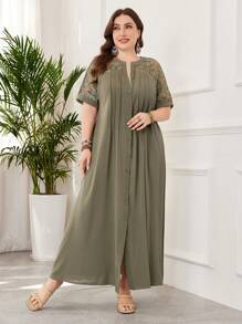 Lacomfia Plus Size Long Sleeve Solid Color Lace Patchwork Arabic Style Dress - Green - View 5