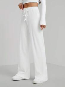 SHEIN Tall Ribbed Knit Knot Front Wide Leg Pants - White - View 4
