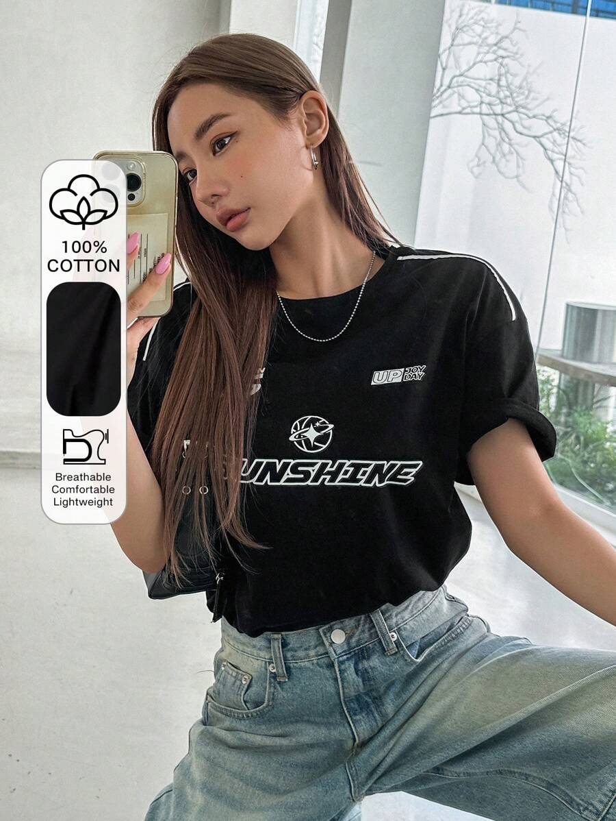 DAZY Letter Graphic Drop Shoulder Tee Jersey - Black - View 1