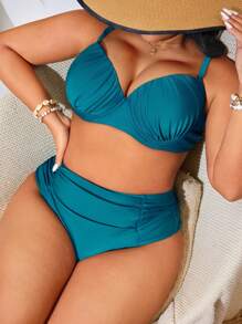 Swim Lushoire 大码女式全新纯色带衬垫钢圈三角形两件套泳衣套装，可调节肩带，高腰下装，褶皱胸部凸显优雅上衣和下装，端庄的海滩泳装