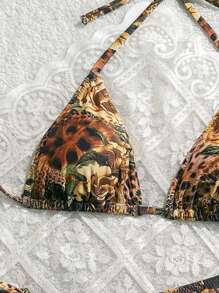 Swim Vcay 2pcs/Set Summer Floral Print Halter Neck Triangle Top & Narrow Side-Tie Sexy Bikini Set