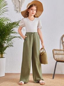 SHEIN Tween Girls' Solid Ribbon Tie Straight Leg Pants - Army Green - View 4