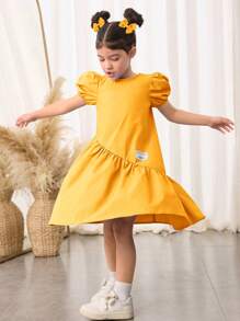 SHEIN Leap Crew Young Girls' Loose Cute Cap Sleeves Round Neck Asymmetrical Ruffle Hem A-Line Dress - Hot Pink - View 5