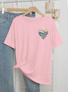 女式圆领 T 恤，印有宗教信仰基督教诗篇经文和风景图案，“上帝使破碎变得美丽”