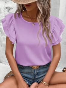 SHEIN Clasi Camisa de manga corta de unicolor para vacaciones de talla grande - Púrpura malva - Ver 1